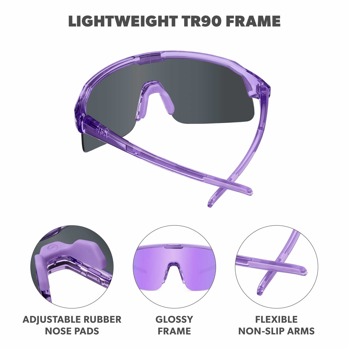 Lightweight TR90 Frame. Adjustable Rubber Nose Pads. Glossy Frame. Flexible Non-Slip Arms. Photo features Violectric / Lilac Volts Sunglasses and  and details of the highlighted parts of the frame.
