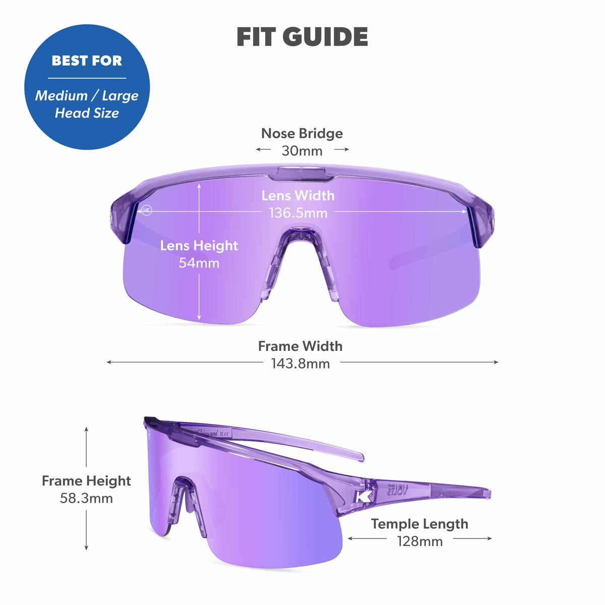 Fit Guide. Best for medium/large. Photo features Violectric / Lilac Volts Sunglasses includes specific frame measurements. See Fit Guide for more details.