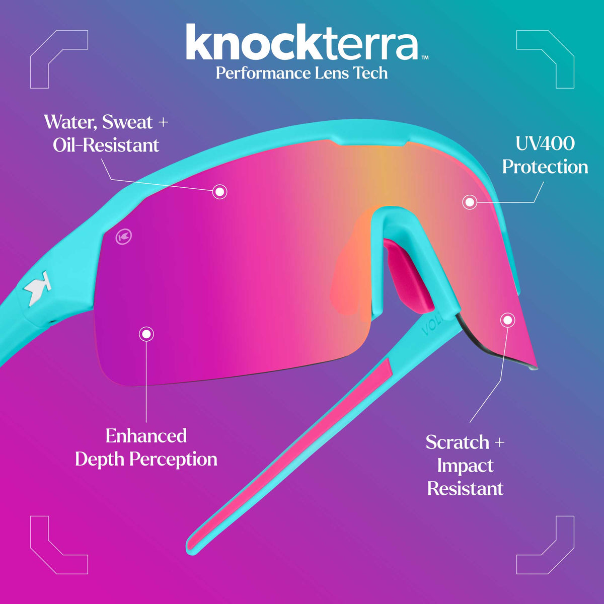 Knockterra Performance Lens Tech. Water, Sweat + Oil-Resistant. UV400 Protection. Enhanced Depth Perception. Scratch-Impact Resistant. Photo features Wild Card / Pink Sunset Volts Sunglasses