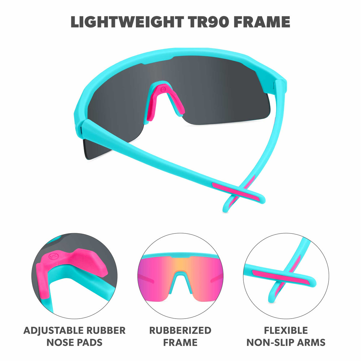 Lightweight TR90 Frame. Adjustable Rubber Nose Pads. Glossy Frame. Flexible Non-Slip Arms. Photo features Wild Card / Pink Sunset Sunglasses and and details of the highlighted parts of the frame.