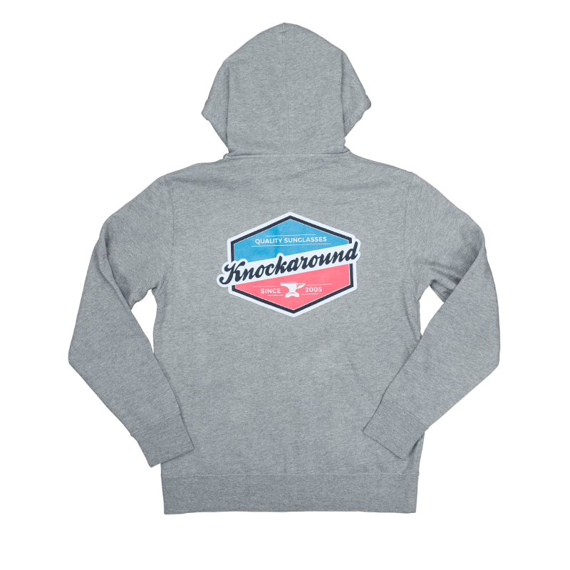Grey hooded sweatshirt with printed design on the front