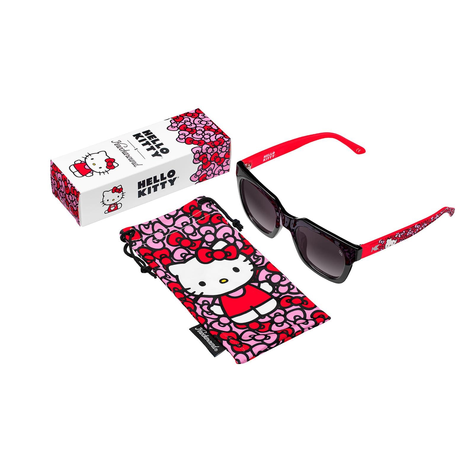 Trendy Rectangular Black & Pink Hello Kitty Sunglasses, Purple Lenses