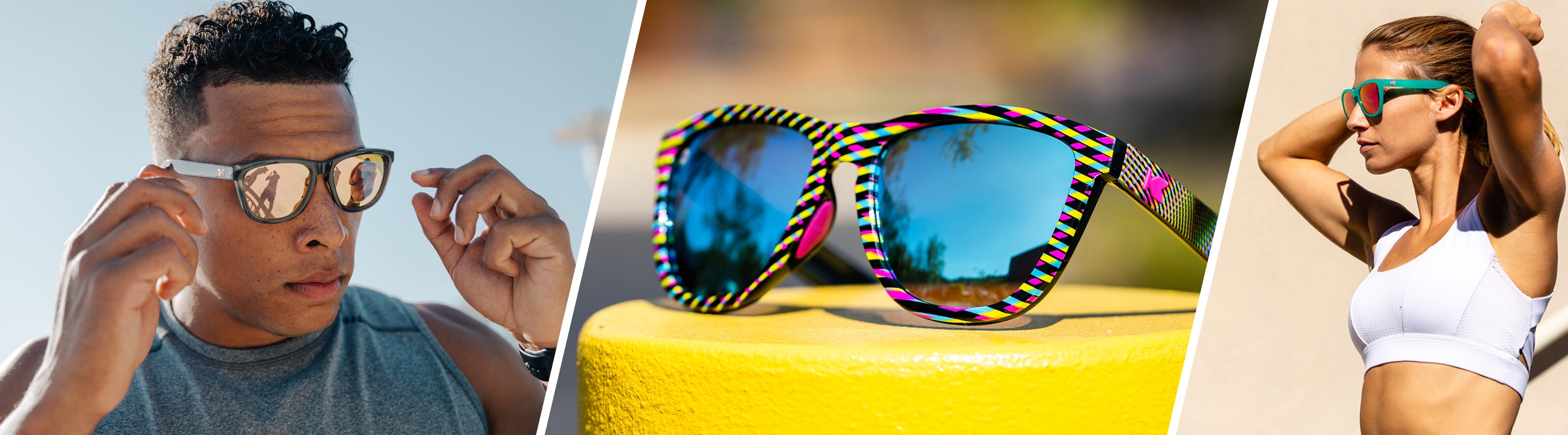 Lifestyle photo of Encore Premiums Sport Sunglasses, and Man wearing Black on Black Premiums Sport Sunglasses and Women wearing  Aquamarine / Fuchsia Premiums Sport Sunglasses