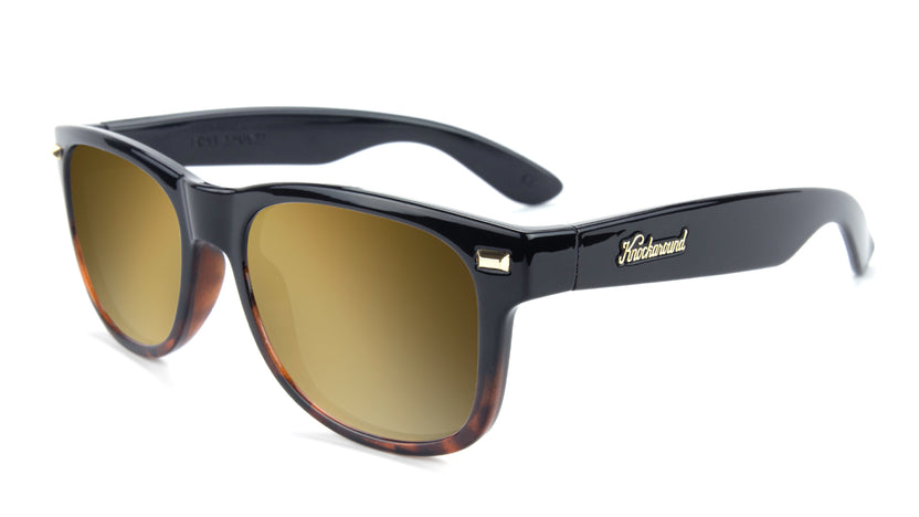 Glossy Black and Tortoise Shell Fade Fort Knocks Prescription Sunglasses with Gold Lens, Flyover 