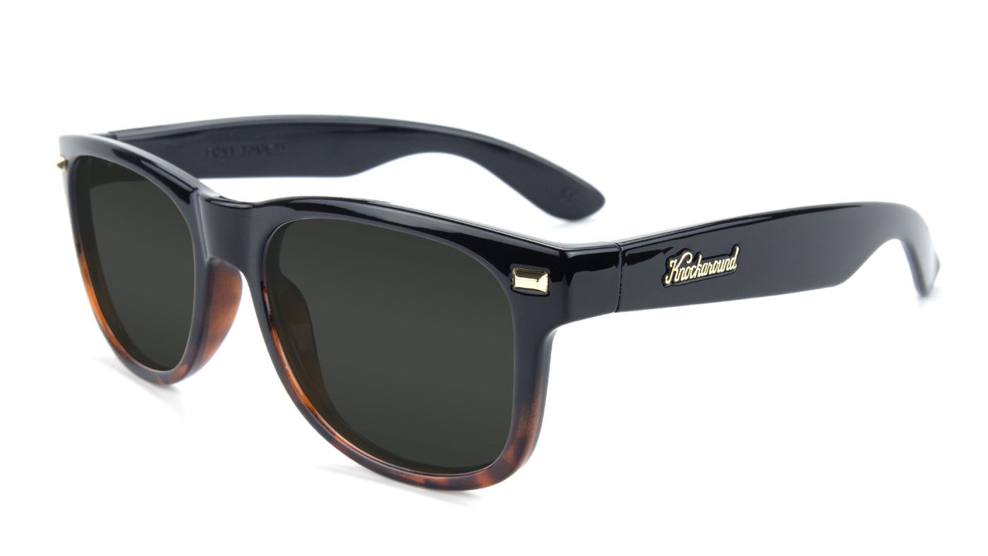 Glossy Black and Tortoise Shell Fade Fort Knocks Prescription Sunglasses with Grey Lens, Flyover 