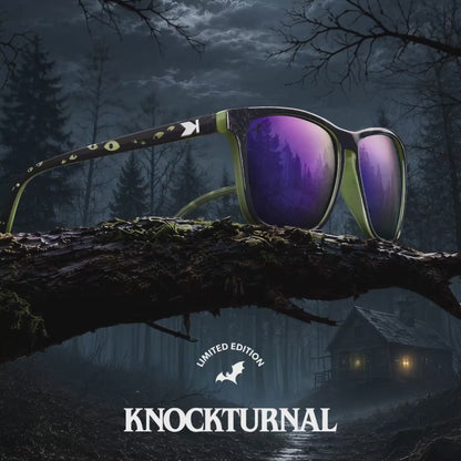 Knockturnal Fast Lanes sunglasses flickering in the light and dark to show the glow in the dark element