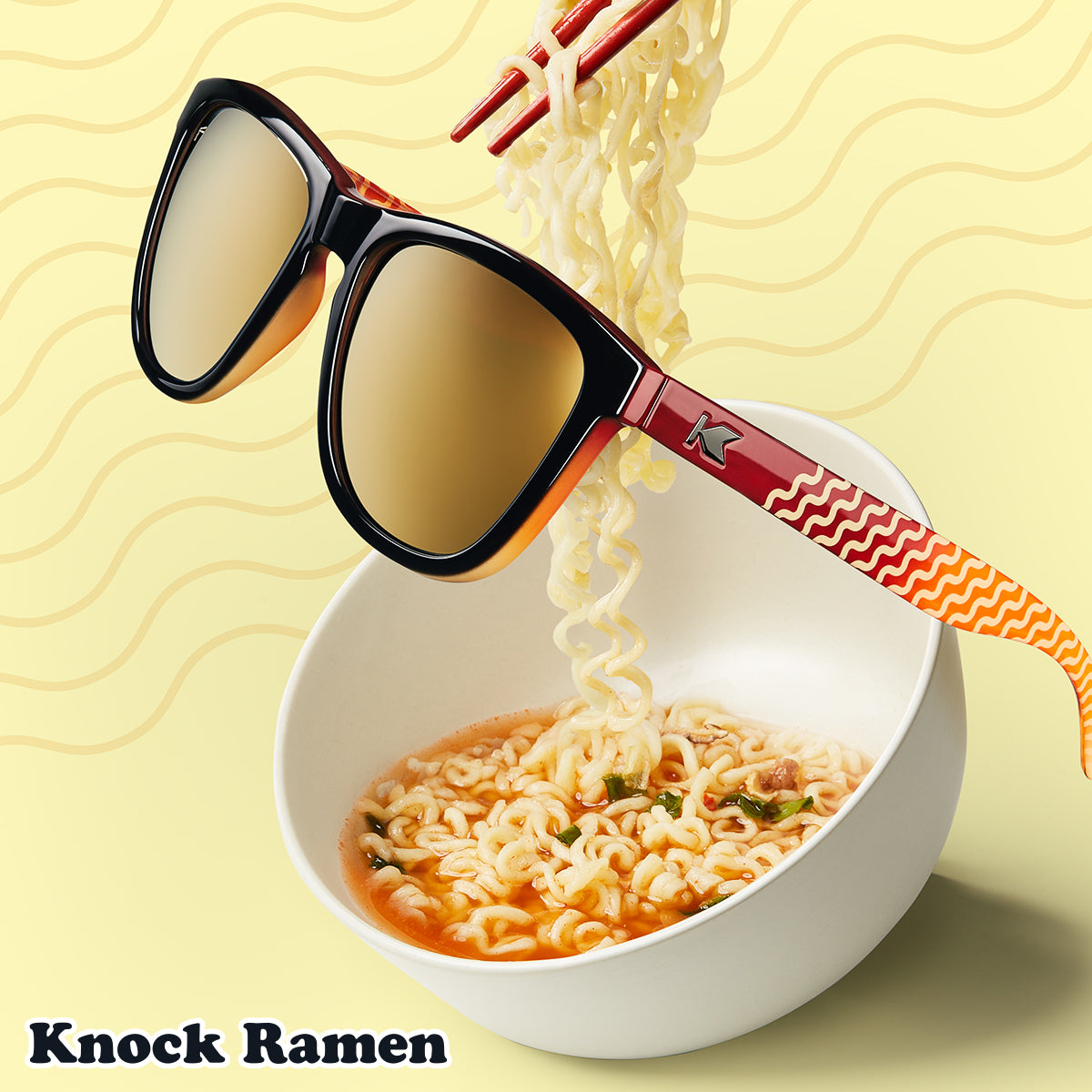 Polarized Square Sunglasses w/ Gold Lenses and a Bold Ramen Design