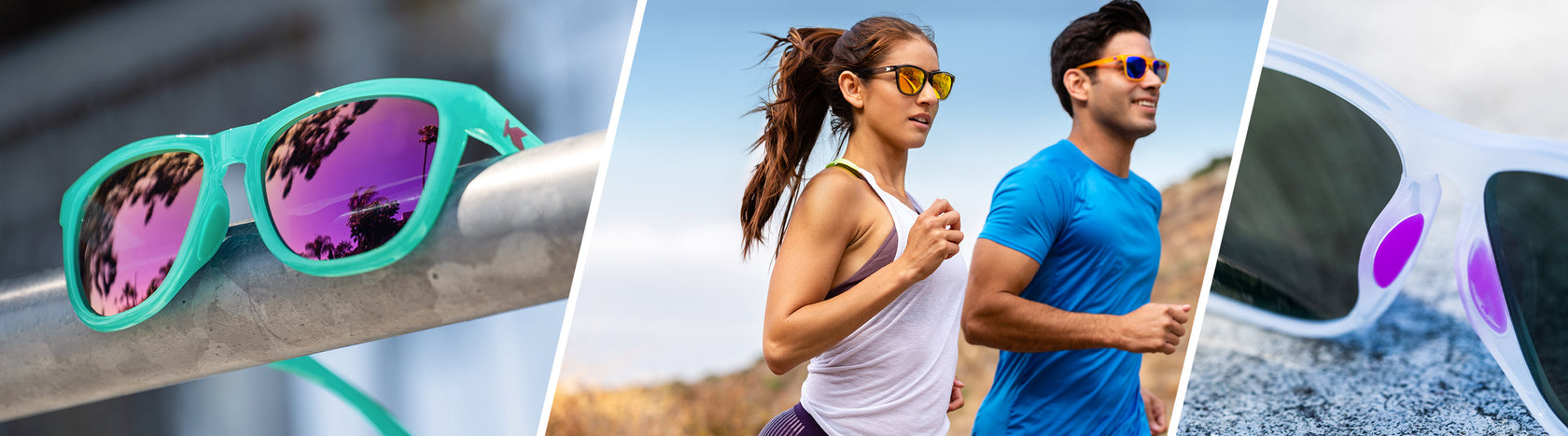 Man and woman running while wearing Knockaround Sport shades