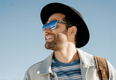 Sunglasses with lakeside-inspired frames and polarized blue lenses, Model