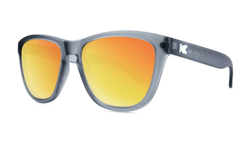 Premiums Sunglasses with Frosted Grey Frames and Red Sunset Mirrored Lenses, Three Quarter