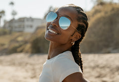 Sunglasses with Brown Metal Frames and Polarized Blue Lenses, Model
