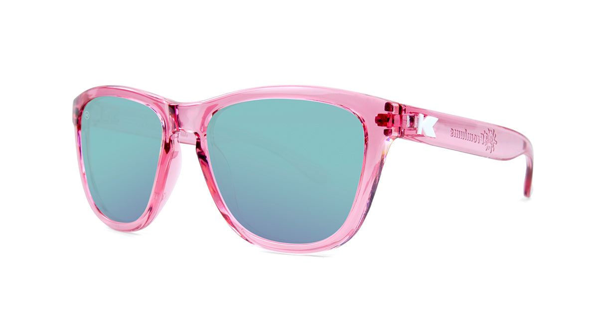 Knockaround Kids Sunglasses Pink Frames with Aqua Blue Lenses, Threequarter