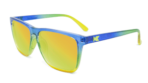 Sunglasses with Glossy Blue to Yellow Fade and Polarized Yellow Lenses, Flyover