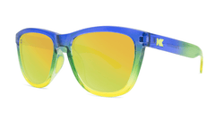 Sunglasses with Glossy Blue to Yellow Fade and Polarized Yellow Lenses, Threequarter
