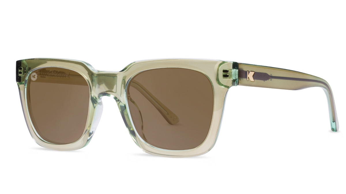 Sunglasses with Aged Sage Frames and Polarized Amber Lenses, Threequarter