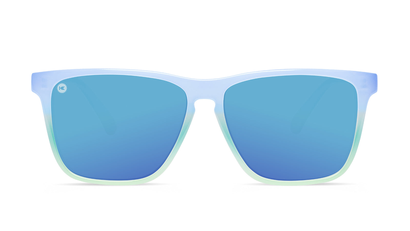Sunglasses with Purple to Green Fade Frames and Polarized Aqua Lenses, Front