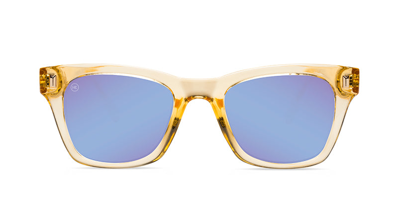 Sunglasses with Peach Frames and Polarized Blue Snow Opal Lenses, Front