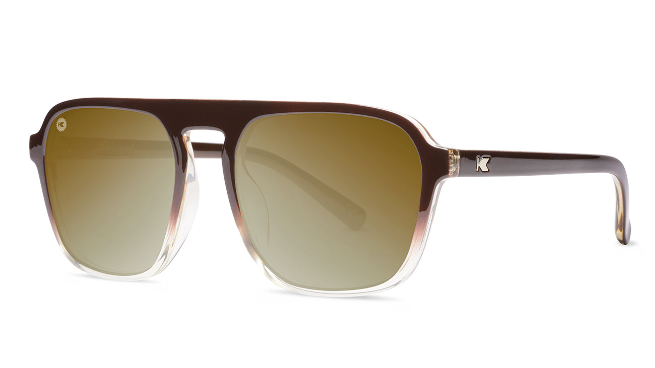 Sunglasses with Brown Frames and Polarized Gold Lenses, Threequarter