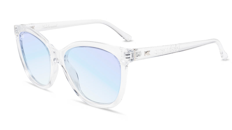 Sunglasses with Clear Frames and Clear Blue Light Blocking Lenses, Flyover