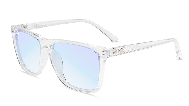Sunglasses with Clear Frames and Clear Blue Light Blocking Lenses, Flyover