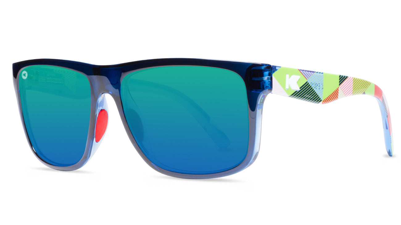 Sunglasses with Cubic Pattern Frames and Polarized Green Lenses, Threequarter