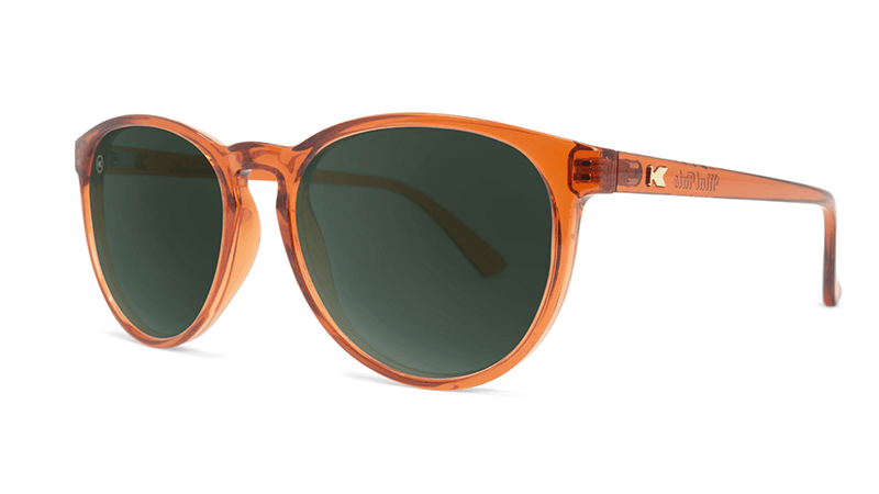 Sunglasses with Orange Frames and Polarized Aviator Green Lenses, Threequarter