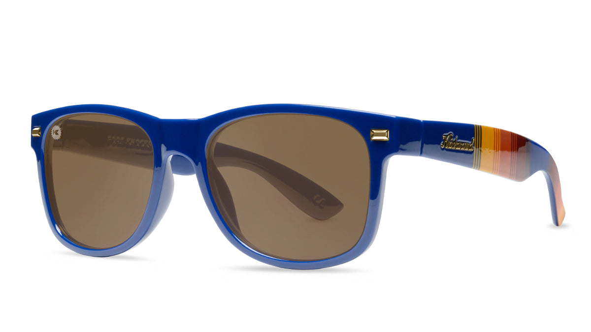 Sunglasses with Glossy Blue Frames and Polarized Amber Lenses, Threequarter