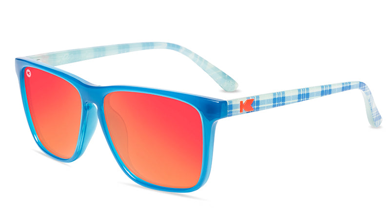 Sunglasses with Dark Blue Front and Fireside Flannel Arms with Polarized Red Sunset Lenses, Flyover