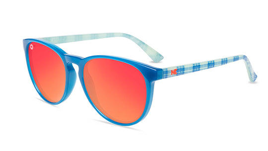 Sunglasses with Dark Blue Front and Fireside Flannel Arms with Polarized Red Sunset Lenses, Flyover