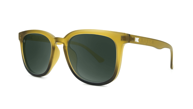 Sunglasses with Frosted Amber Fade Frames and Polarized Aviator Green Lenses, Threequarter