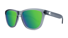 Premiums Sunglasses with Frosted Grey Frames and Green Moonshine Mirrored Lenses, Threequarter