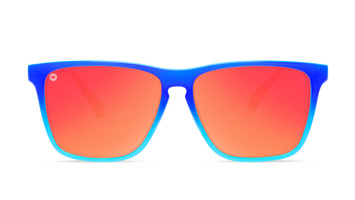 Sunglasses with Blue Frames and Polarized Red Lenses, Front
