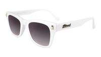 Sunglasses with Glossy White Frames and Polarized Smoke Gradient Lenses, Flyover 
