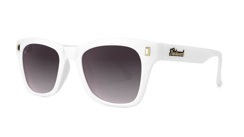 Sunglasses with Glossy White Frames and Polarized Smoke Gradient Lenses, Threequarter