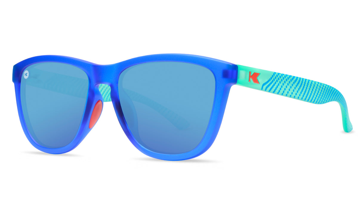 Sport Sunglasses with Blue Fronts and Mine Green Arms and Polarized Aqua Lenses, Threequarter
