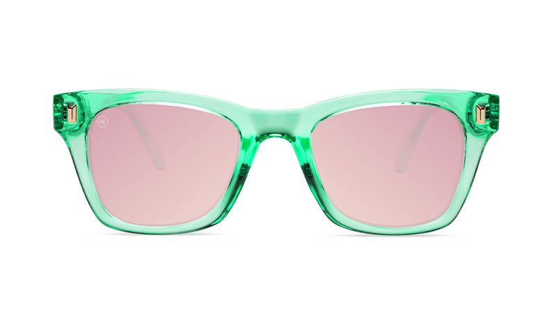 Sunglasses with Glossy Green Frames and Polarized Pink Lenses, Front