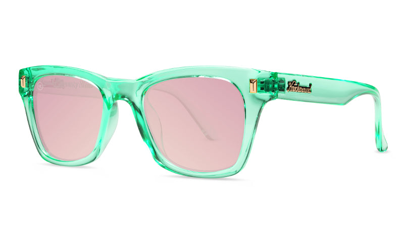 Sunglasses with Glossy Green Frames and Polarized Pink Lenses, Threequarter