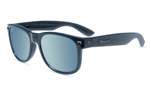 Sunglasses with Glossy Navy Frames and Polarized Sky Blue Lenses, Flyover