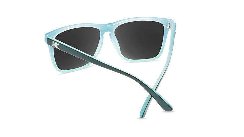 Sunglasses with lakeside-inspired frames and polarized blue lenses, back