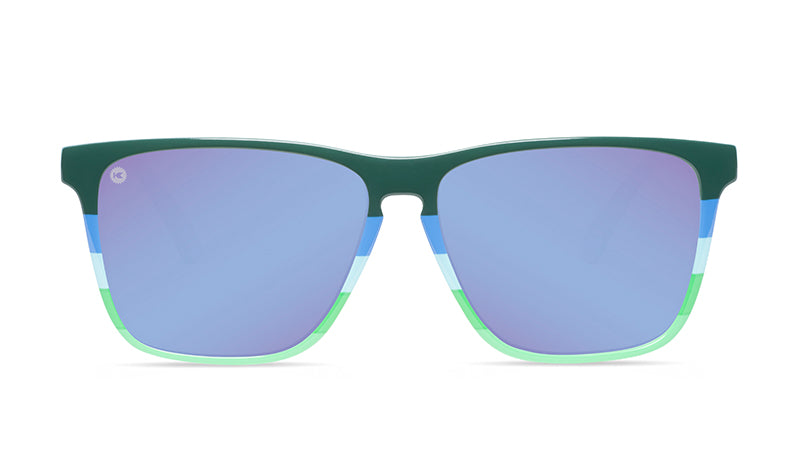 Sunglasses with lakeside-inspired frames and polarized blue lenses, front