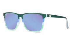Sunglasses with lakeside-inspired frames and polarized blue lenses, threequarter