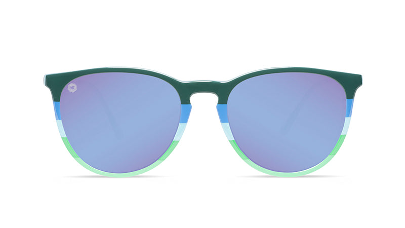 Sunglasses with lakeside-inspired frames and polarized blue lenses, front