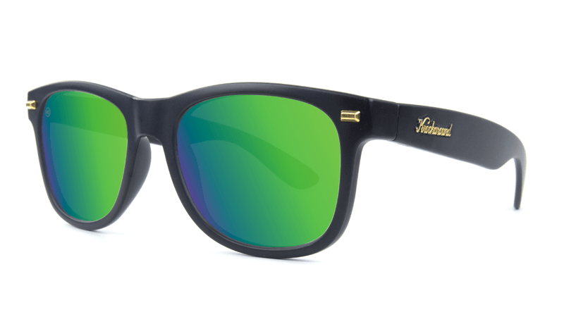 Fort Knocks Sunglasses with Matte Black Frames and Green Moonshine Mirrored Lenses, Threequarter