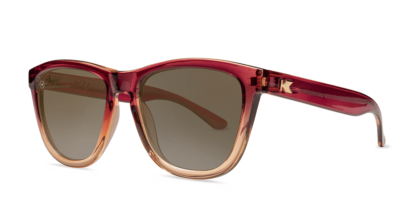 Sunglasses with Raspberry and Creme Beige Frames with Polarized Amber Lenses, Threequarter