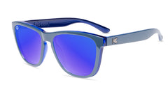 Sunglasses with glossy Blue Frames and Polarized Moonshine Lenses. Flyover