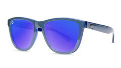 Sunglasses with glossy Blue Frames and Polarized Moonshine Lenses. Threequarter