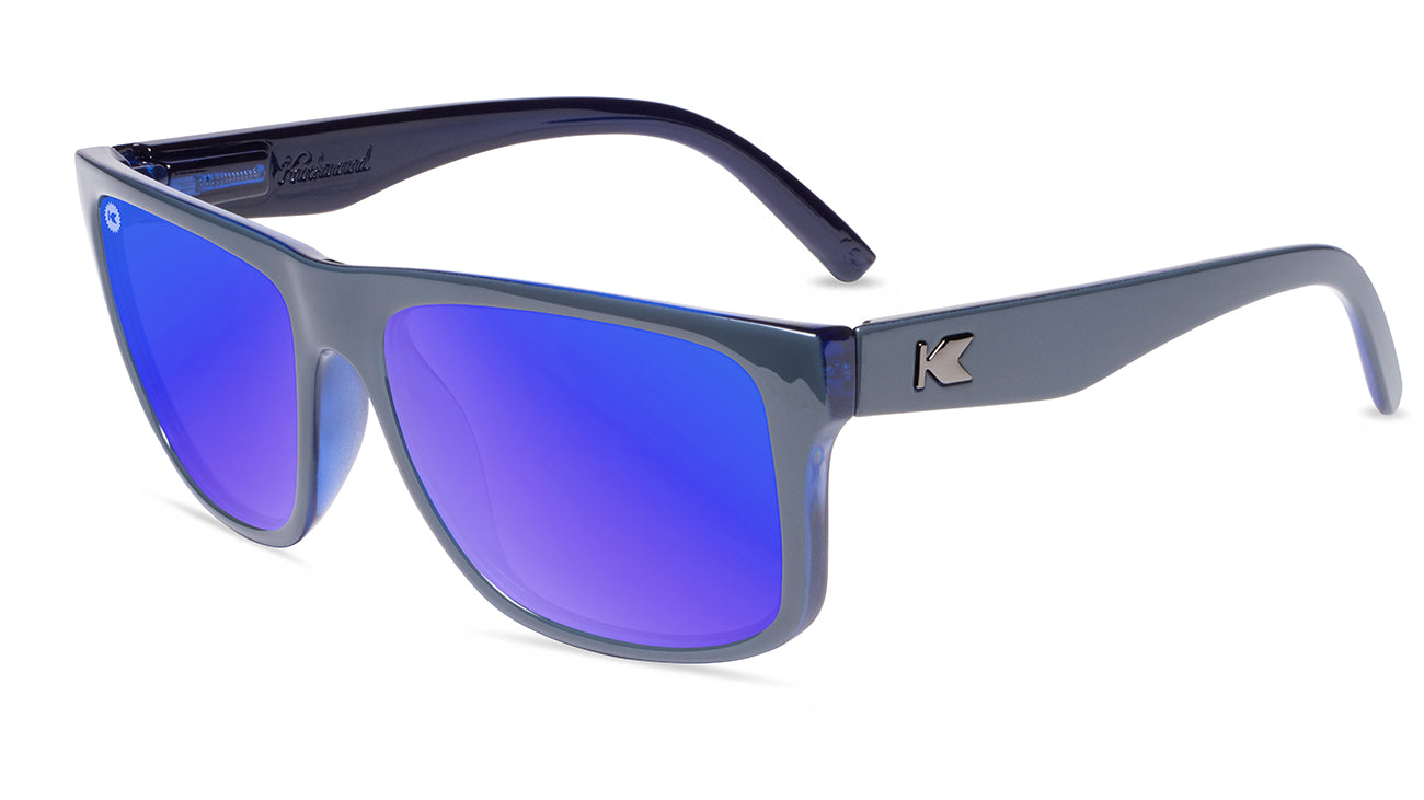 Sunglasses with glossy Blue Frames and Polarized Moonshine Lenses. Flyover