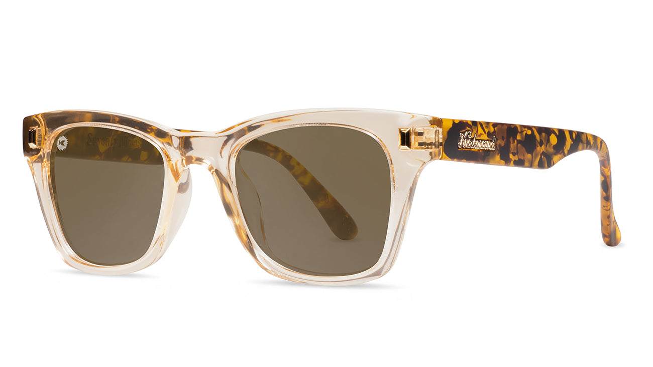 Sunglasses with Tortoise Shell Arms and Orange Fronts With Polarized Amber Lenses, Threequarter