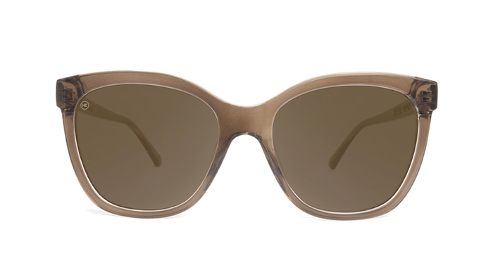 Sunglasses with glossy brown frame and polarized amber lenses, Front