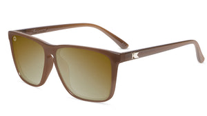 Sunglasses with Glossy Brown Frames and Polarized Gold Lenses, Flyover